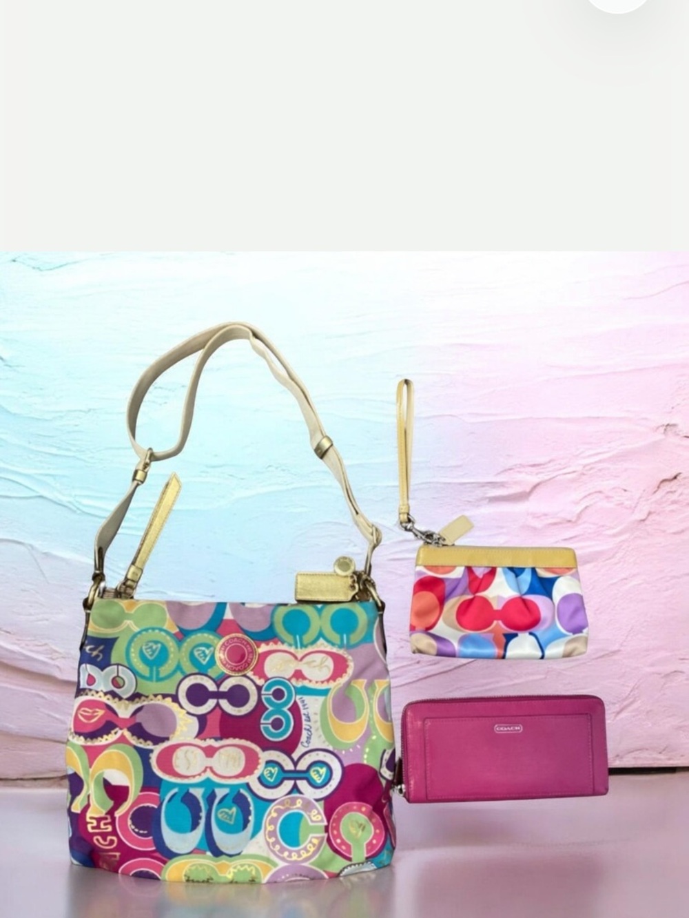 COACH Bundle 3 Items Iconic Multi Color Crossbody Wallet Clutch Bags